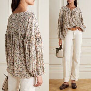 Doen Savona Cream Paisley Silk‎ Saint Claude Balloon Sleeve Blouse Top Size XL